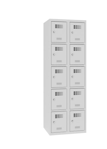 Ein lichtgrauer Fächerschrank mit zwei Abteilen und zehn Fächern mit jeweils einer Tür. Alle Türen sind geschlossen. Der Schrank steht vor einem weißen Hintergrund.